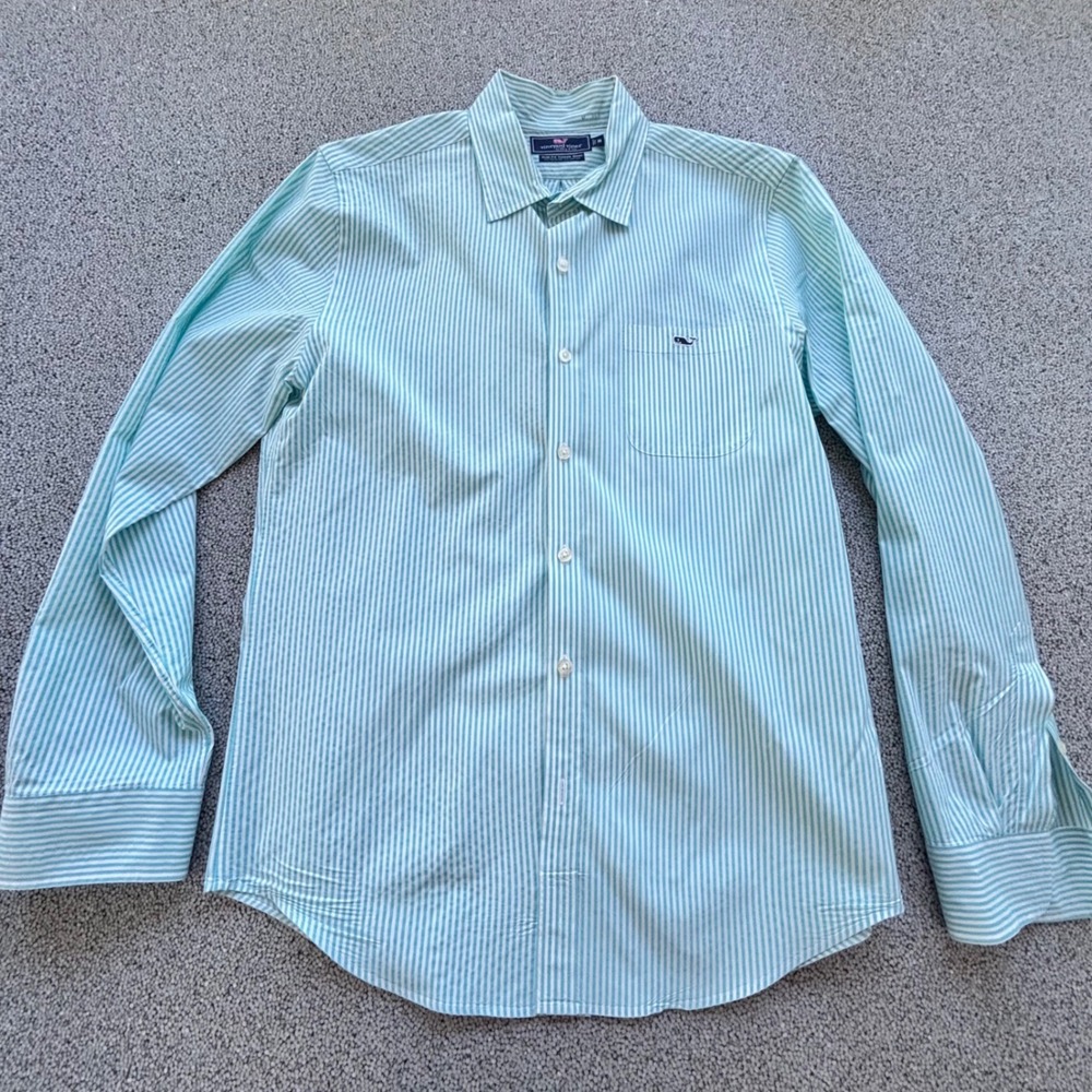 Vineyard Vines Button Down Mens M Green Striped Slim Fit Tucker Preppy Coastal